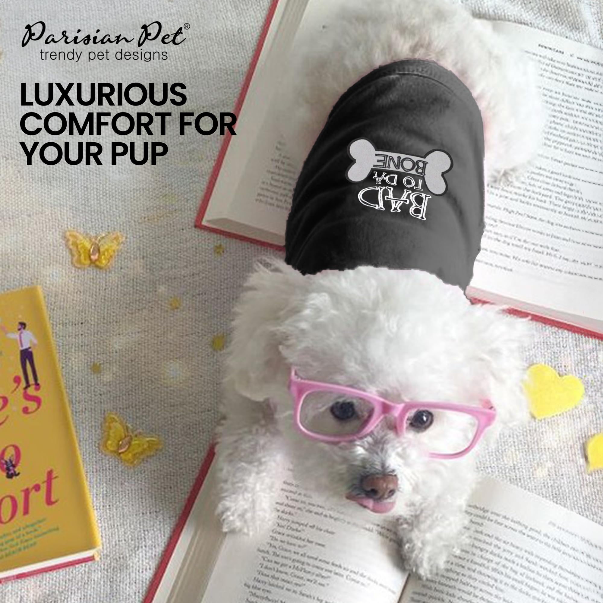 Parisian Pet Dog T-Shirt showcases size range from XXS to 5XL for all breeds and comfortable fit.