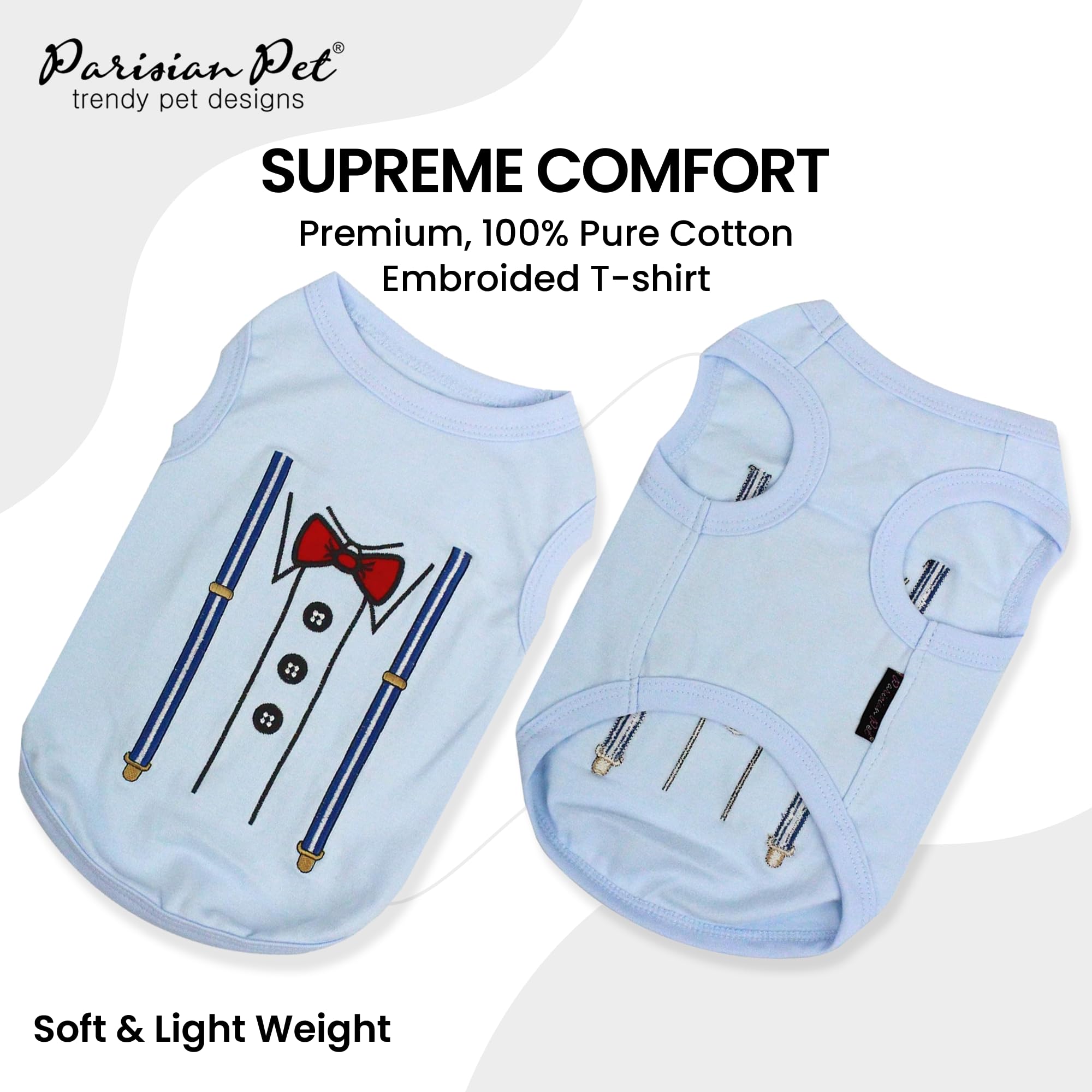 Parisian Pet dog t-shirt suspender tuxedo detail showing elegant design