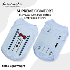 Parisian Pet dog t-shirt suspender tuxedo detail showing elegant design