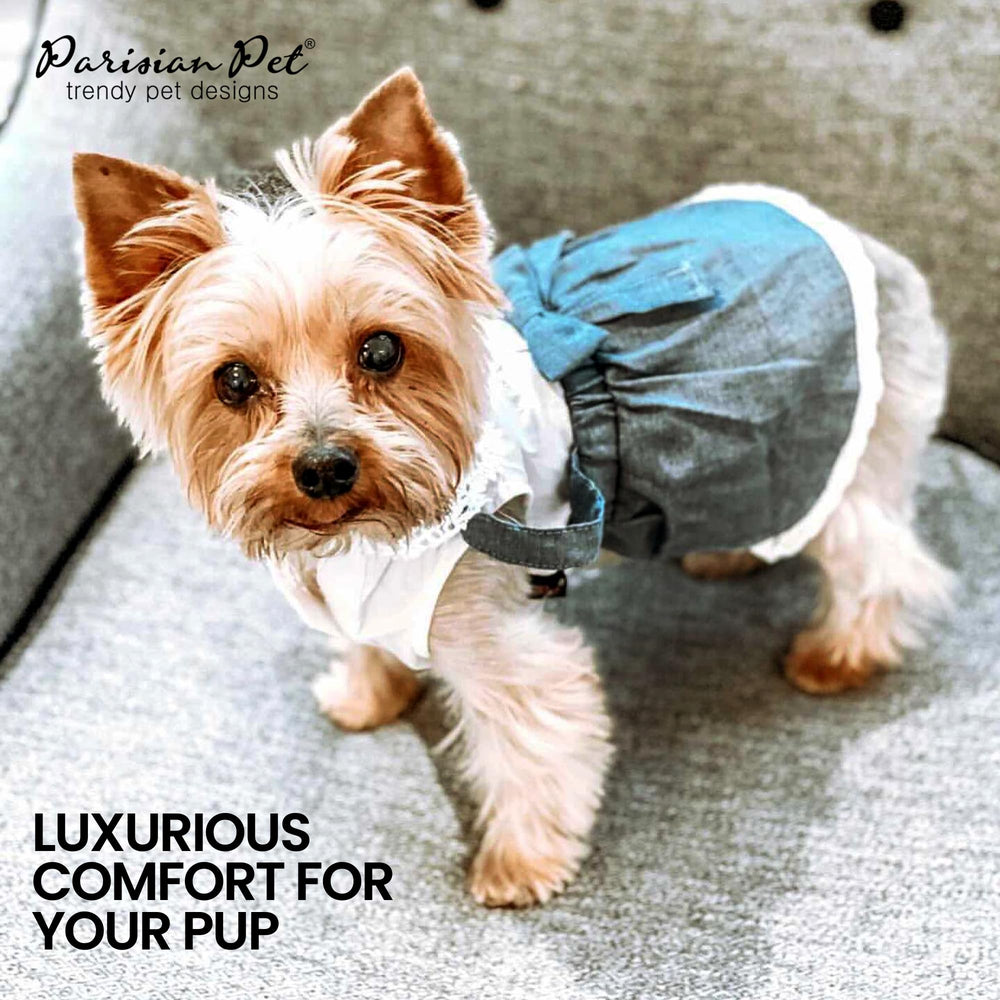 Parisian Pet Chambray dress is fully washable for quick cleanups