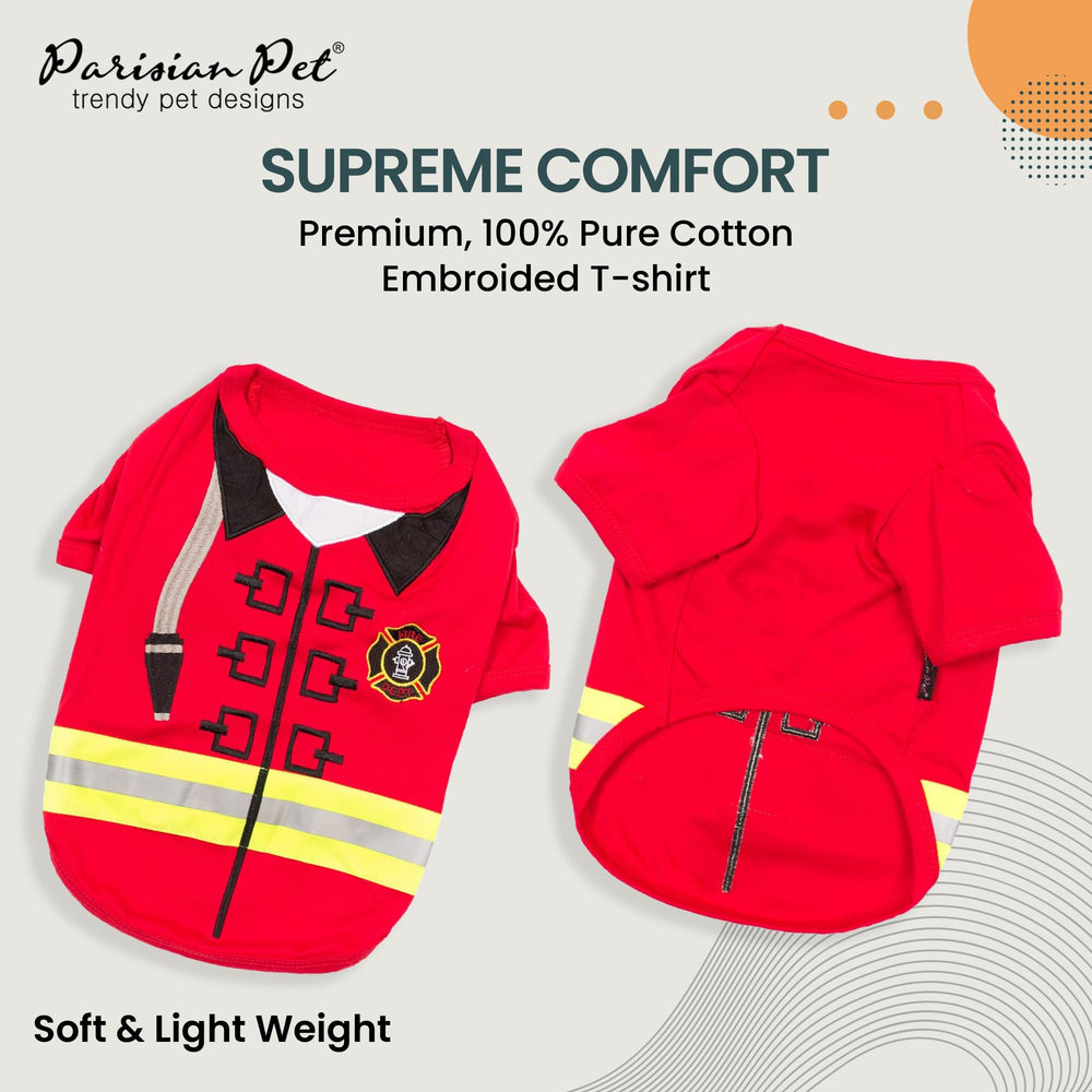 Parisian Pet embroidered firefighter badge costume showcases craftsmanship for special occasions.
