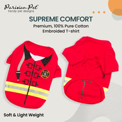 Parisian Pet embroidered firefighter badge costume showcases craftsmanship for special occasions.