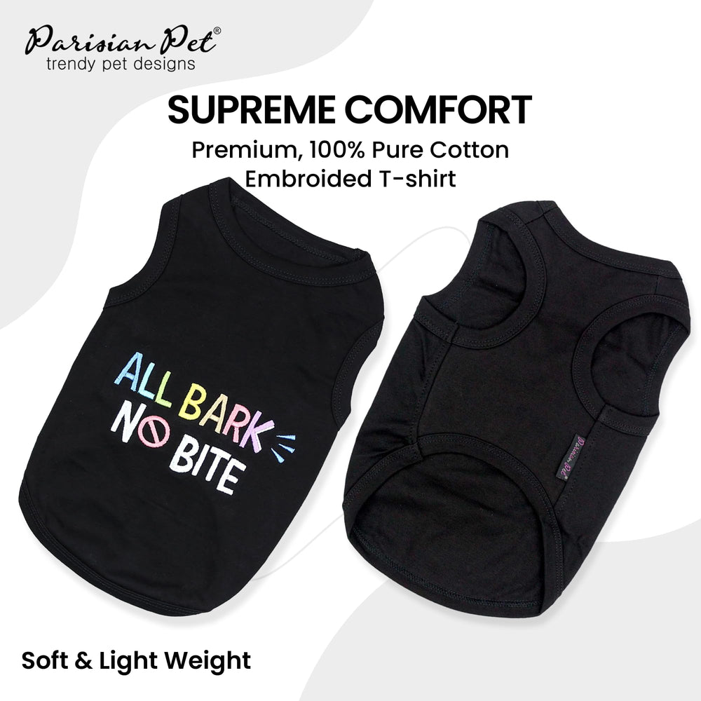 Parisian Pet embroidered slogan close-up highlighting durable stitching for active dogs.