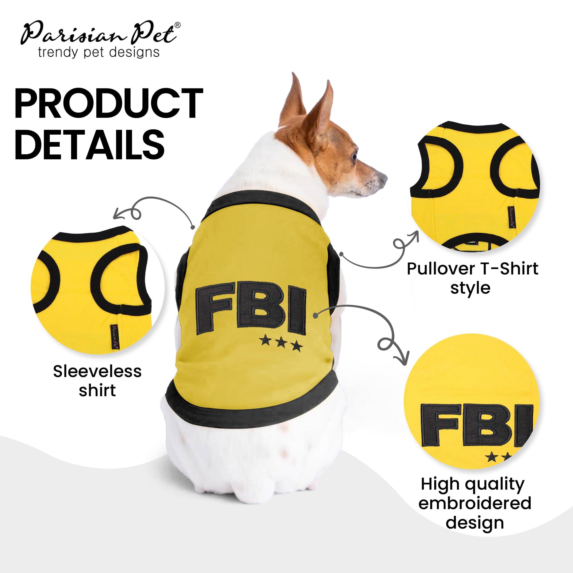 Parisian Pet FBI dog shirt back view highlights durable embroidery.
