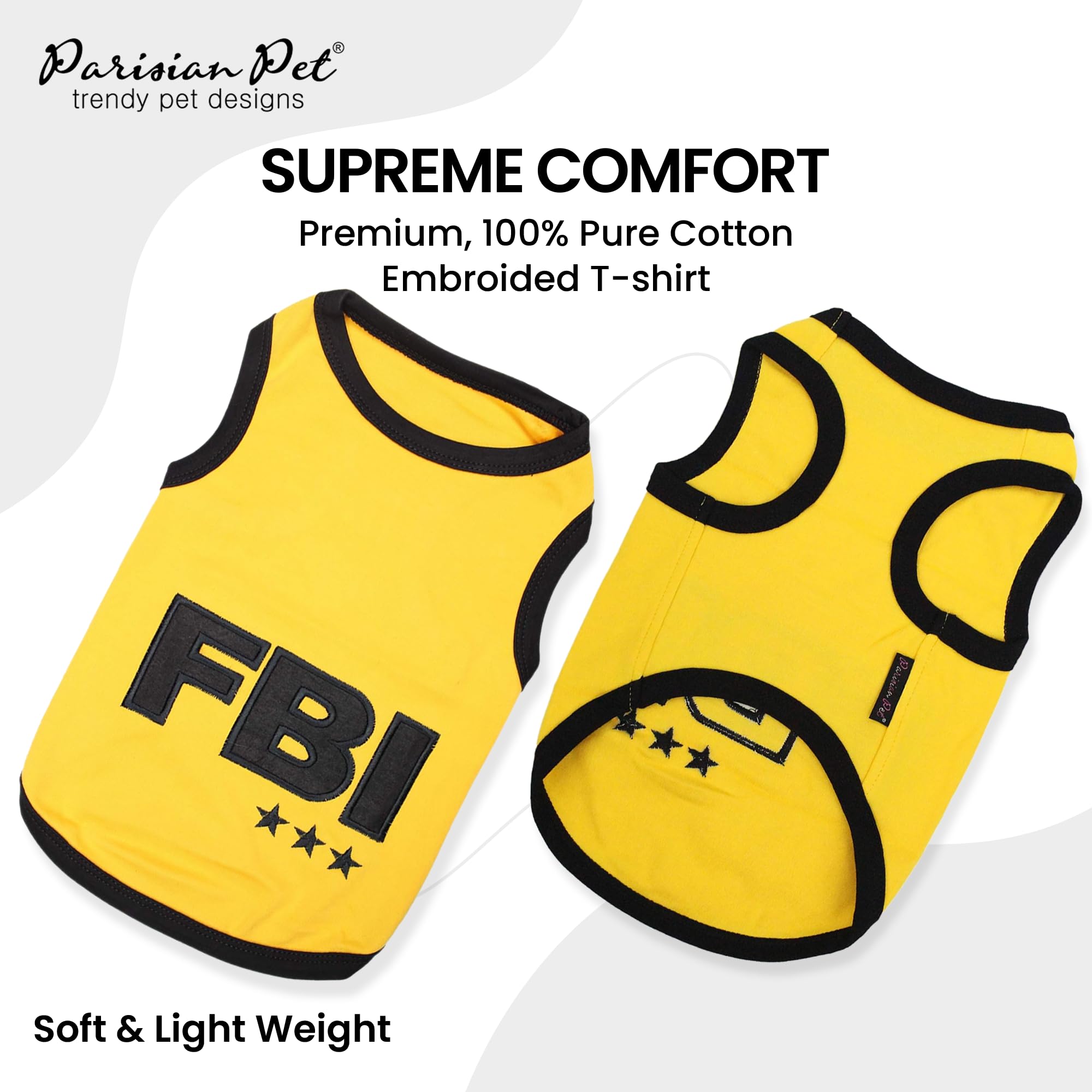 Parisian Pet FBI dog shirt side view offers trendy cut and comfort.