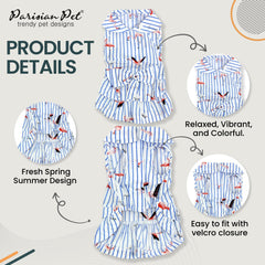 Parisian Pet Flamingo Dress pattern closeup featuring whimsical flamingos and sky stripes