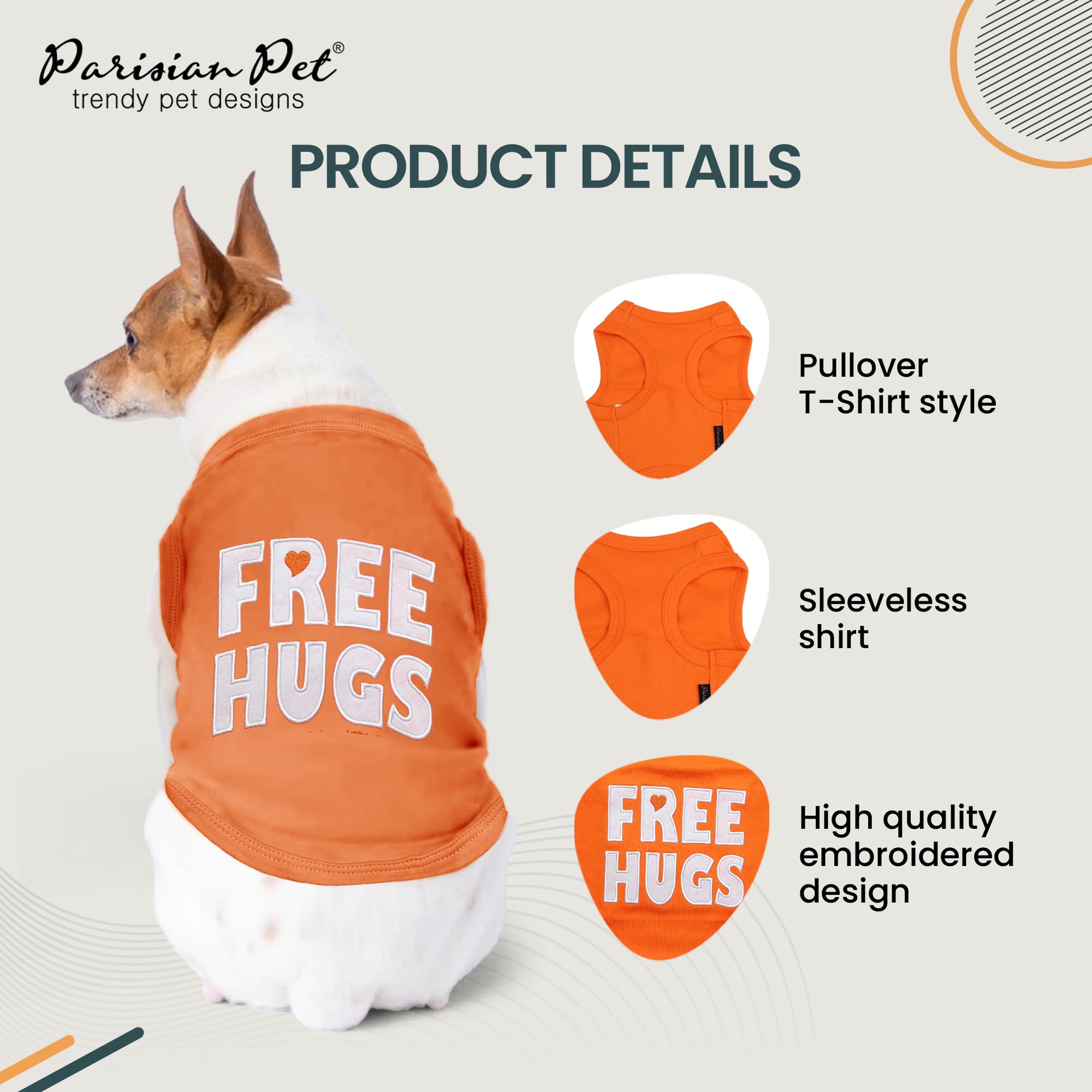 Parisian Pet Free Hugs sleeveless design detail for comfortable movement during play.