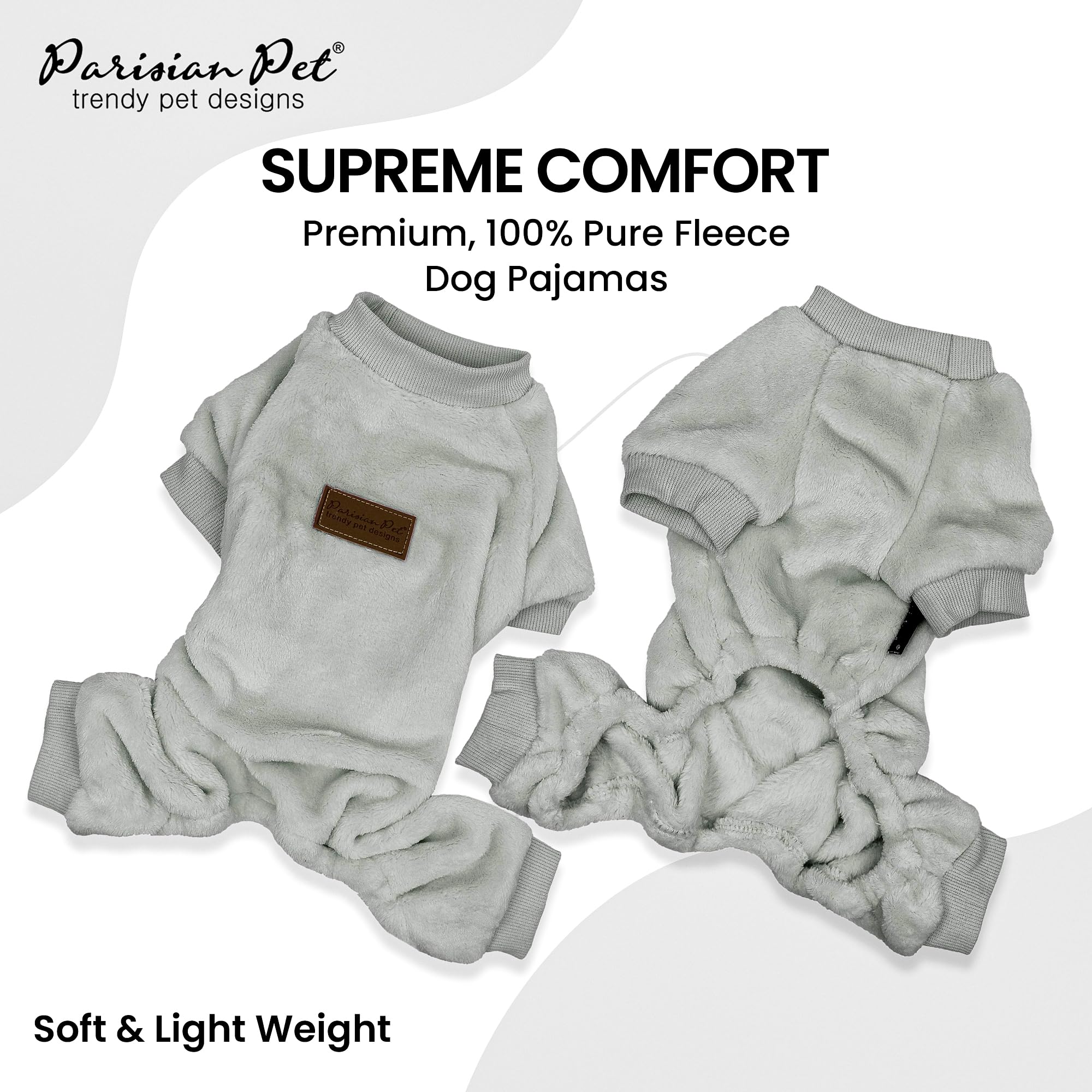 Parisian Pet grey dog pajamas close-up fabric velour stretch offers comfort