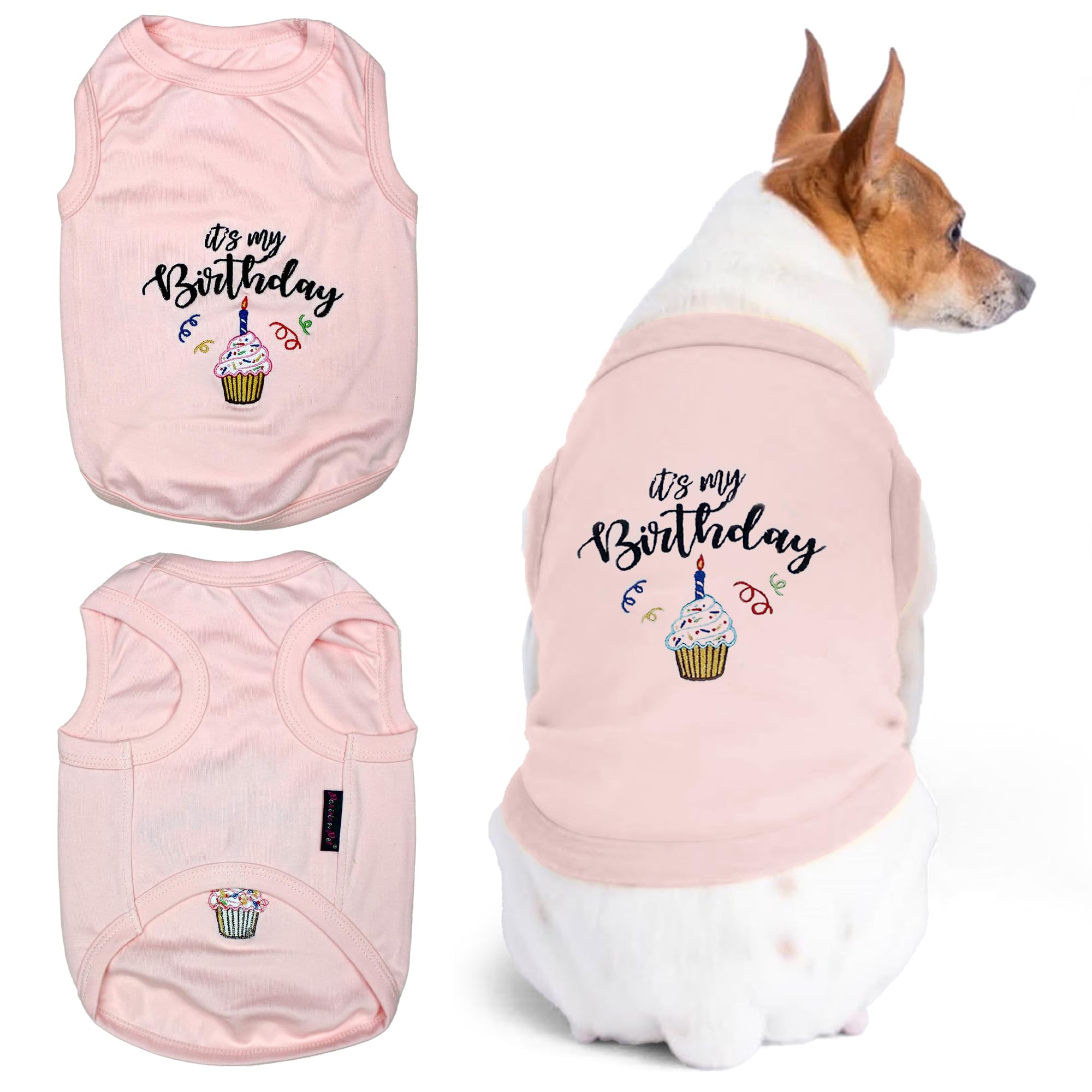 Parisian Pet Its My Birthday embroidery on pink dog shirt for a festive look