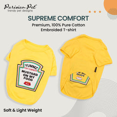 Parisian Pet Mustard Shirt embroidery detail highlights playful mustard text for costume moments.