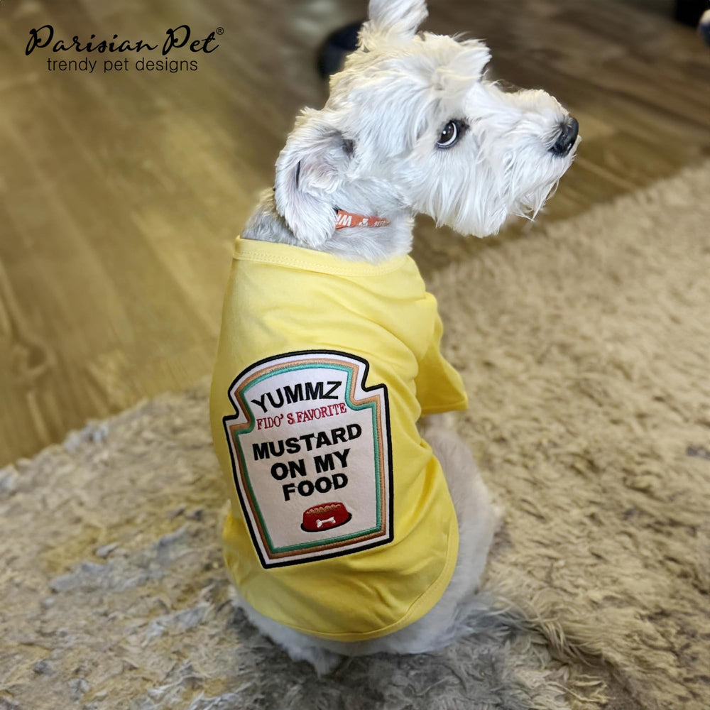 Parisian Pet Mustard Shirt on pup demonstrates ready-for-photo-op party moments.