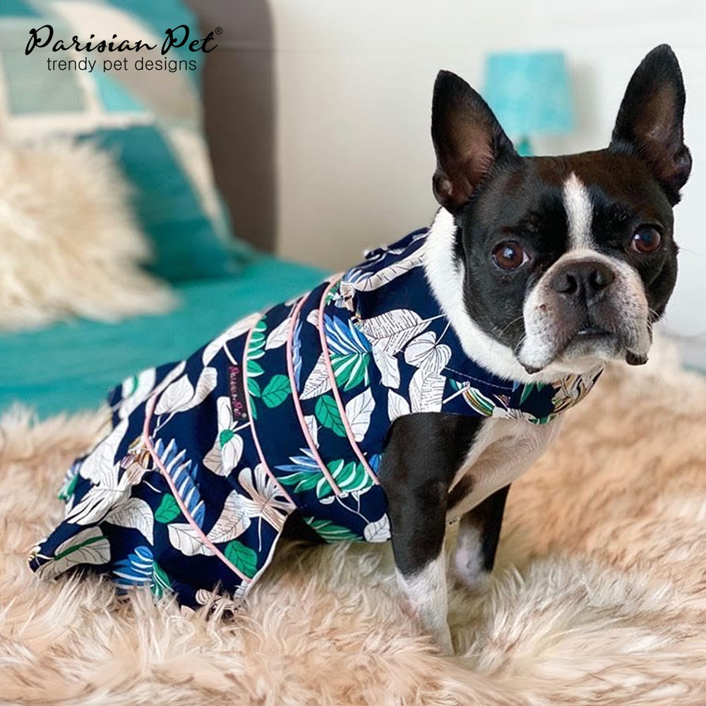 Parisian Pet palm leaves dress closeup fabric shows lightweight breathable material