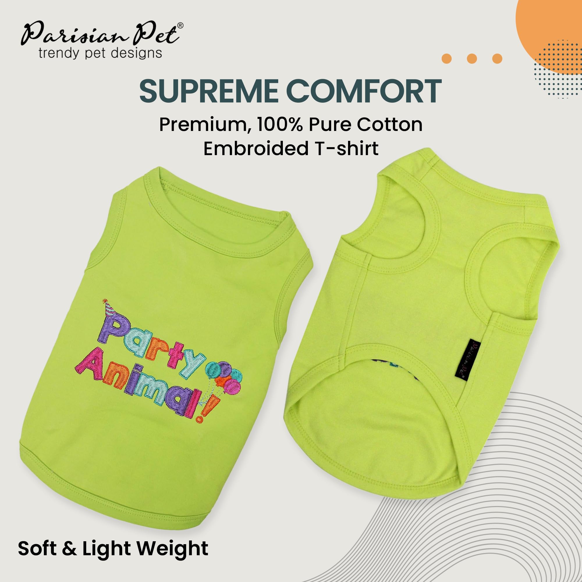 Parisian Pet party animal embroidered side view dog tshirt showing fit