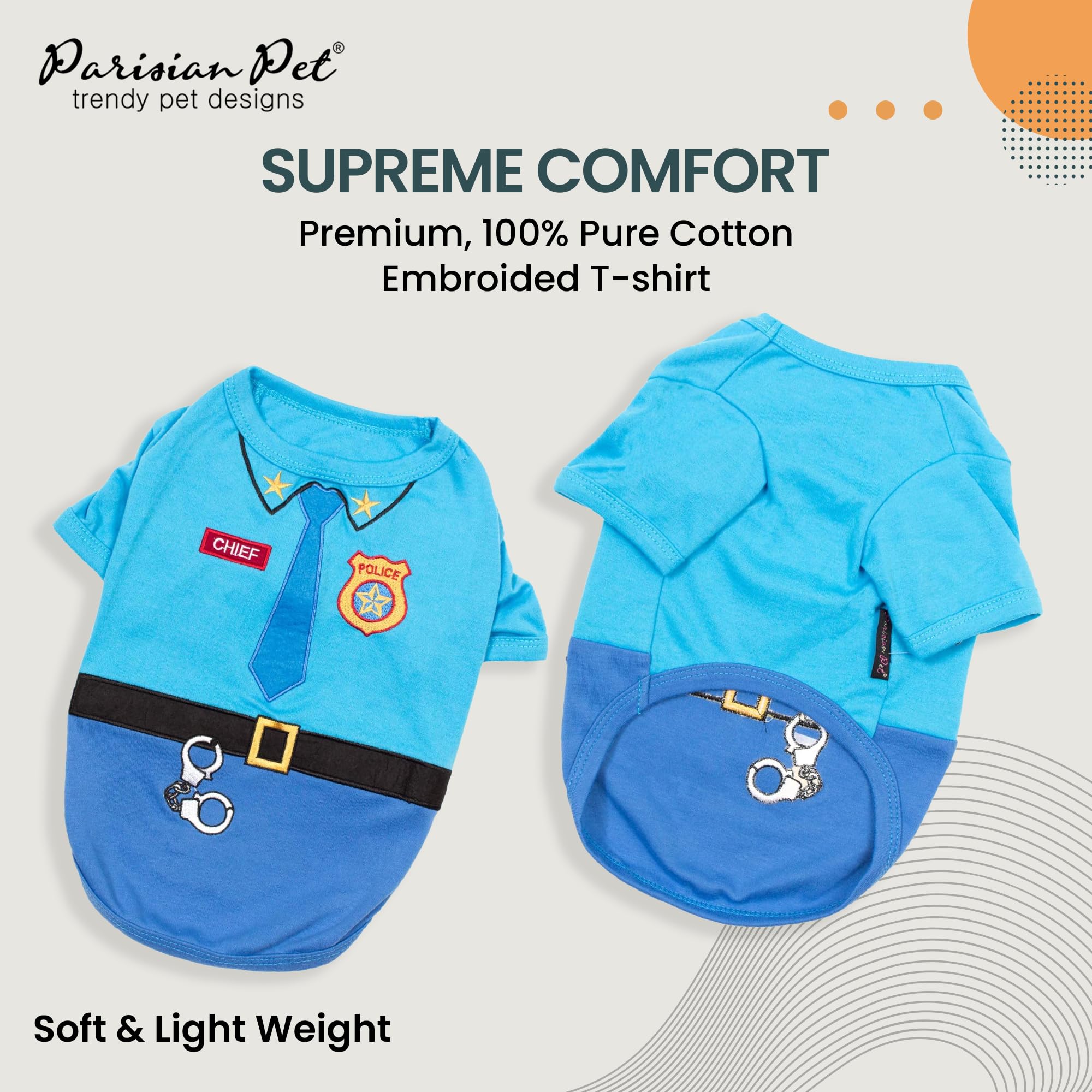 Parisian Pet blue police costume for dogs, ideal for parties.
