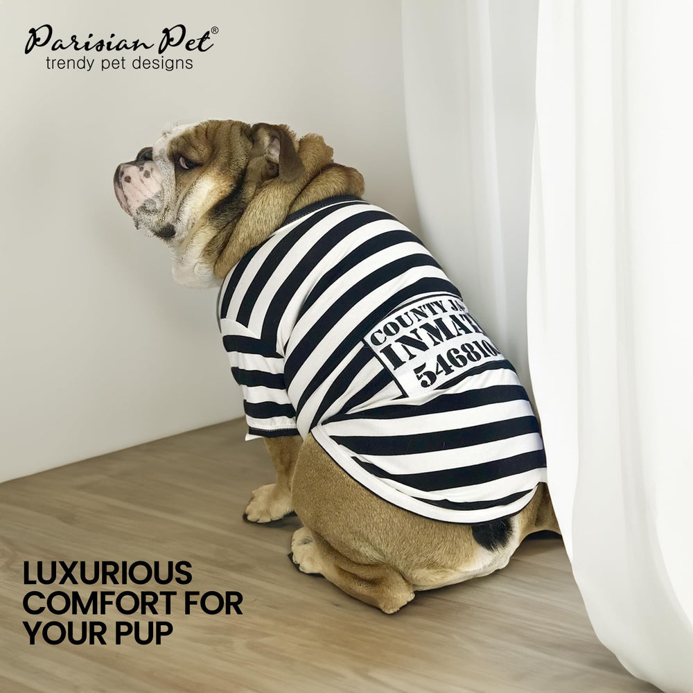 Parisian Pet Prisoner costume close-up of striped pattern and fabric detail