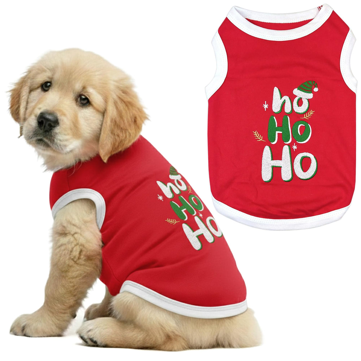 Parisian Pet red dog tshirt embroidered closeup—festive detail and quality