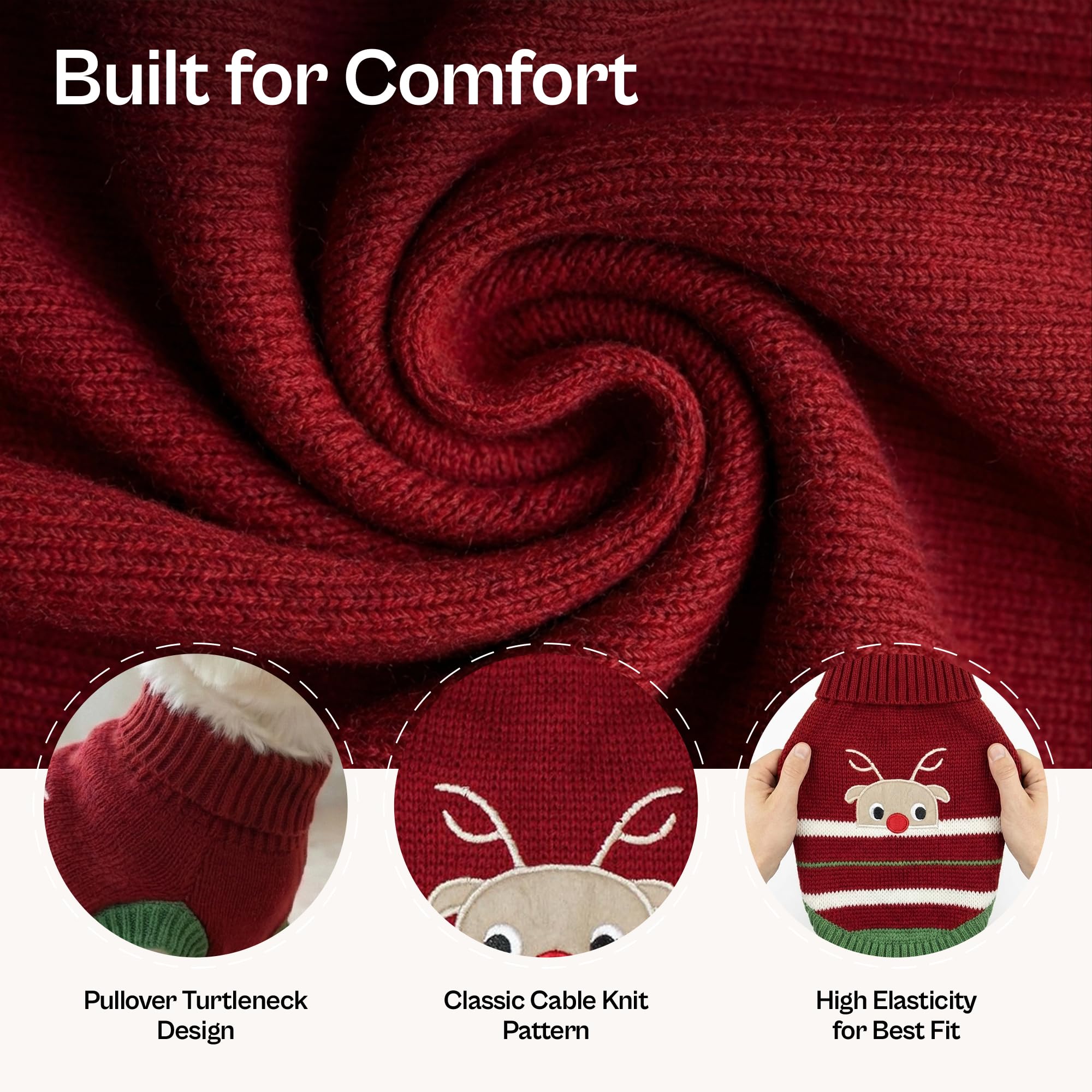 Parisian Pet reindeer cable knit dog sweater highlights festive style and snug fit.