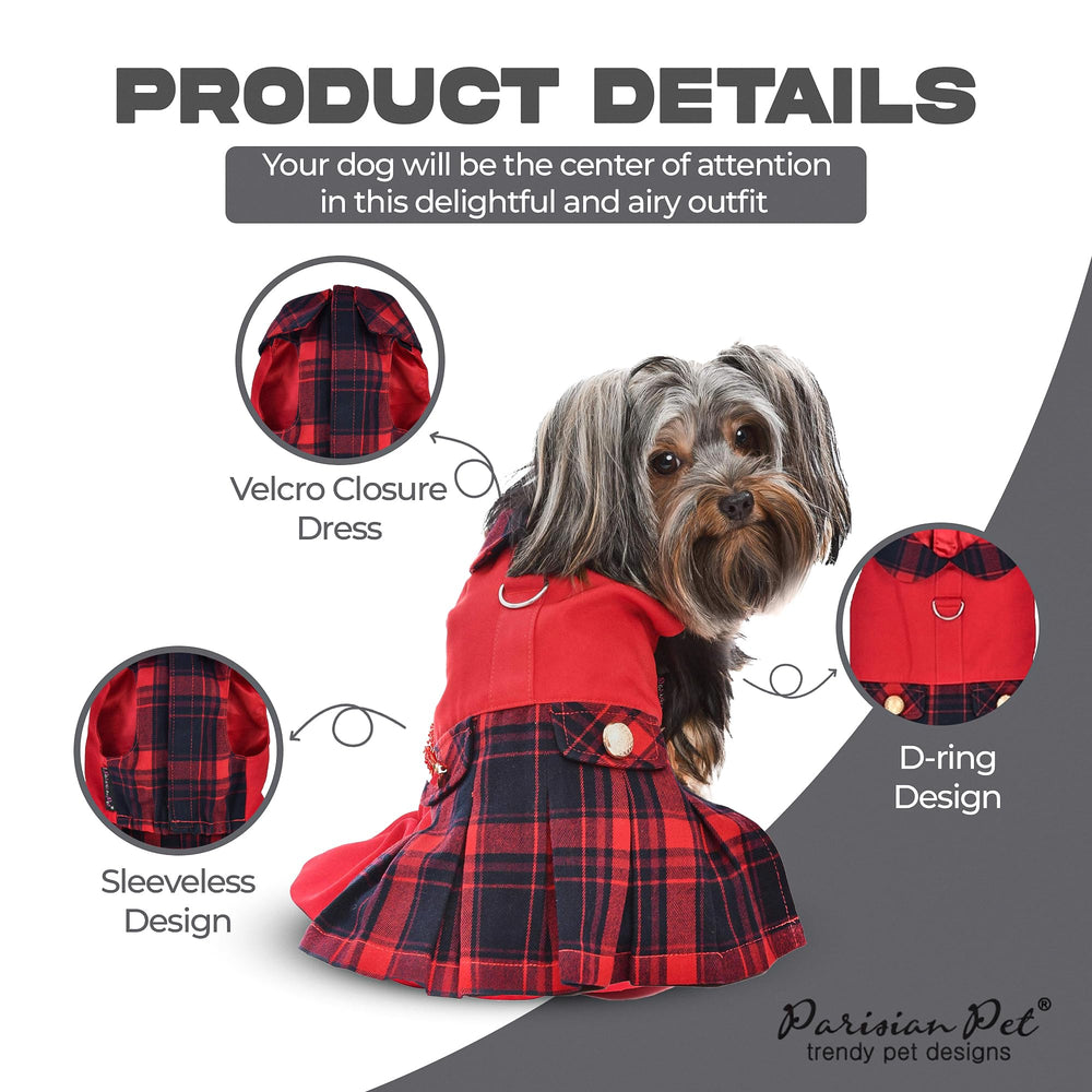 Parisian Pet Scottish Red Dress pleats add classic elegance for photos and parties
