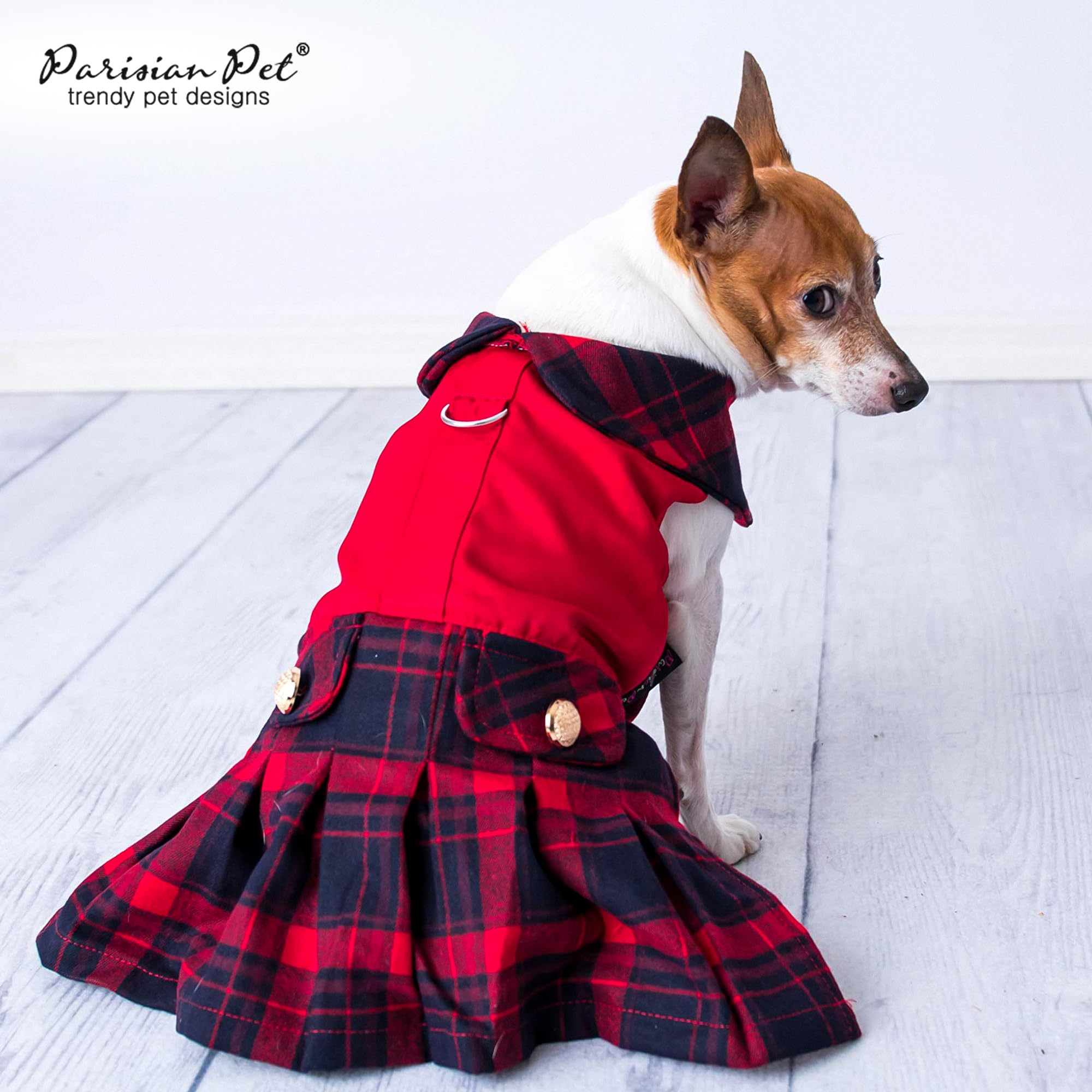 Parisian Pet Scottish Red Dress size chart guides fit from XS to 3XL