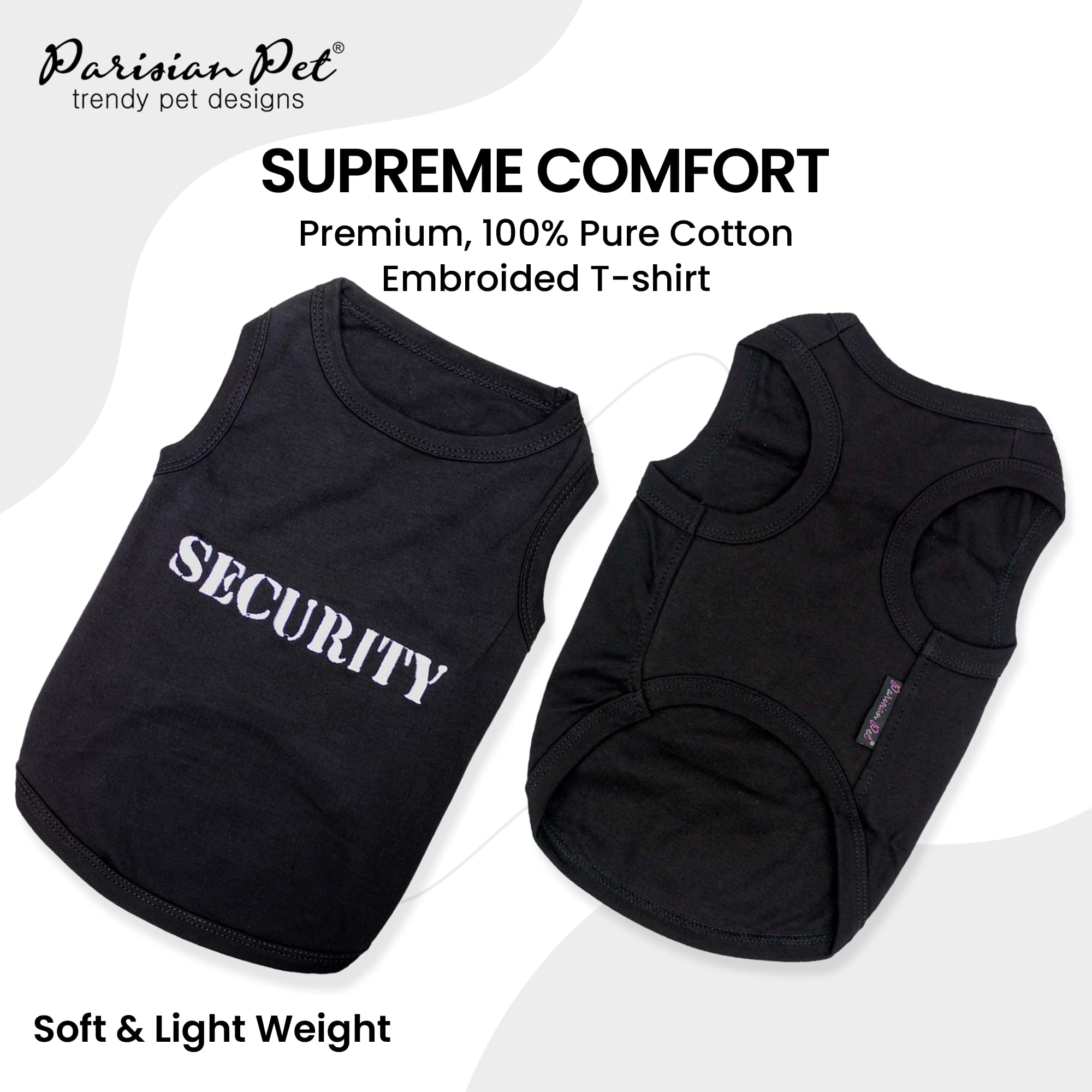 Parisian Pet security dog shirt side view shows sleeveless comfort for warm days.
