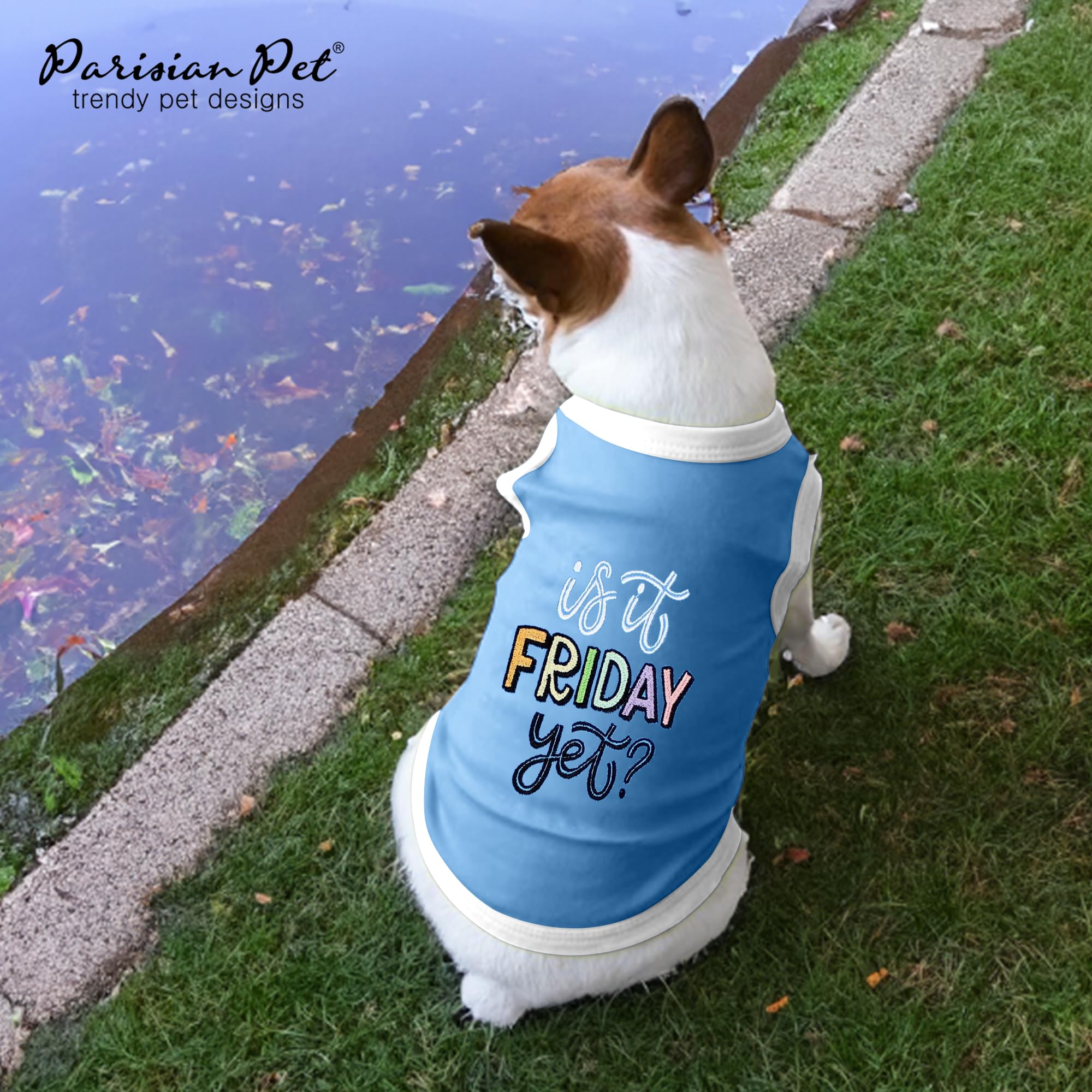 Parisian Pet sleeveless dog tshirt embroidery close-up Is It Friday Yet