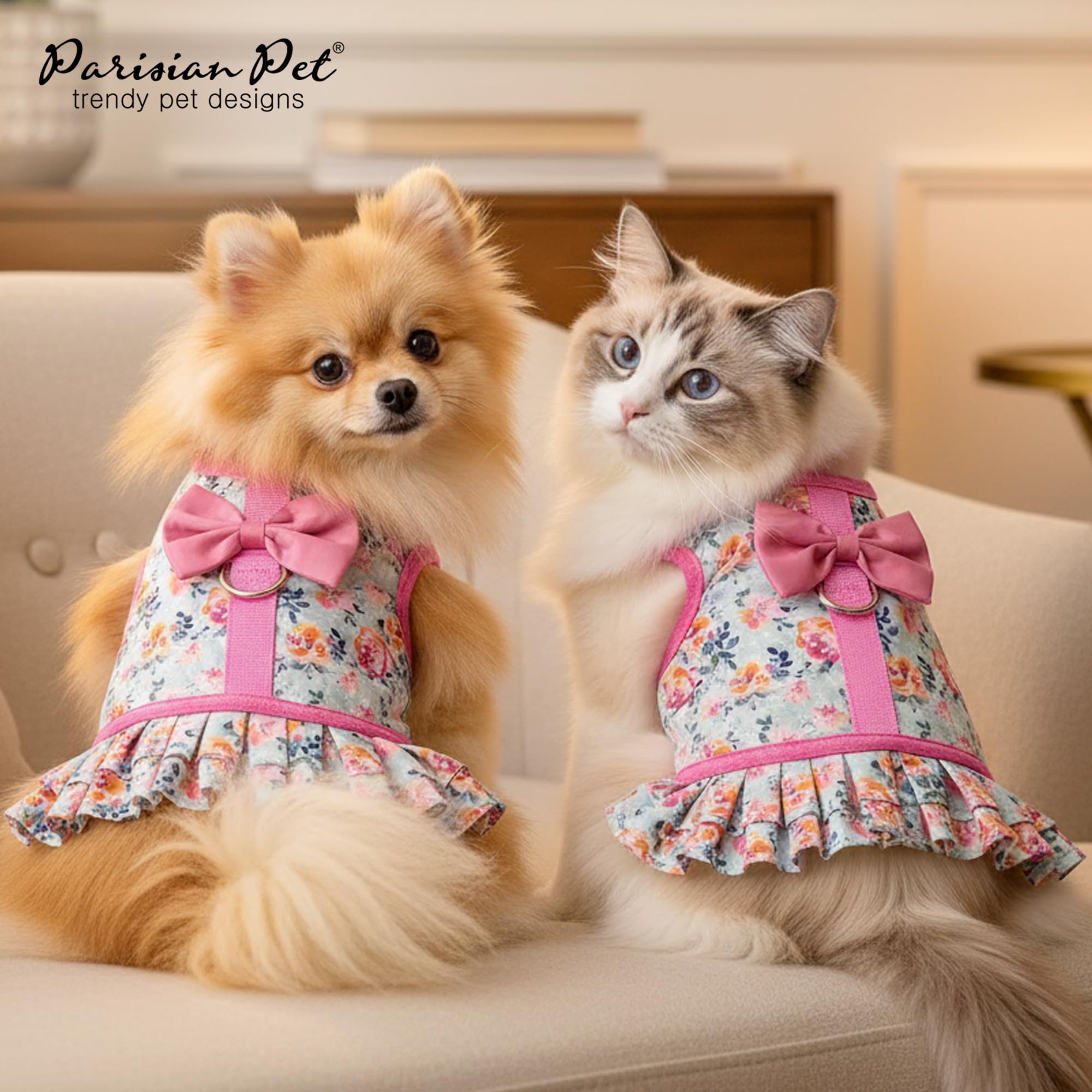Parisian Pet Spring Blossoms Harness Dress floral pattern closeup adds charming spring style.