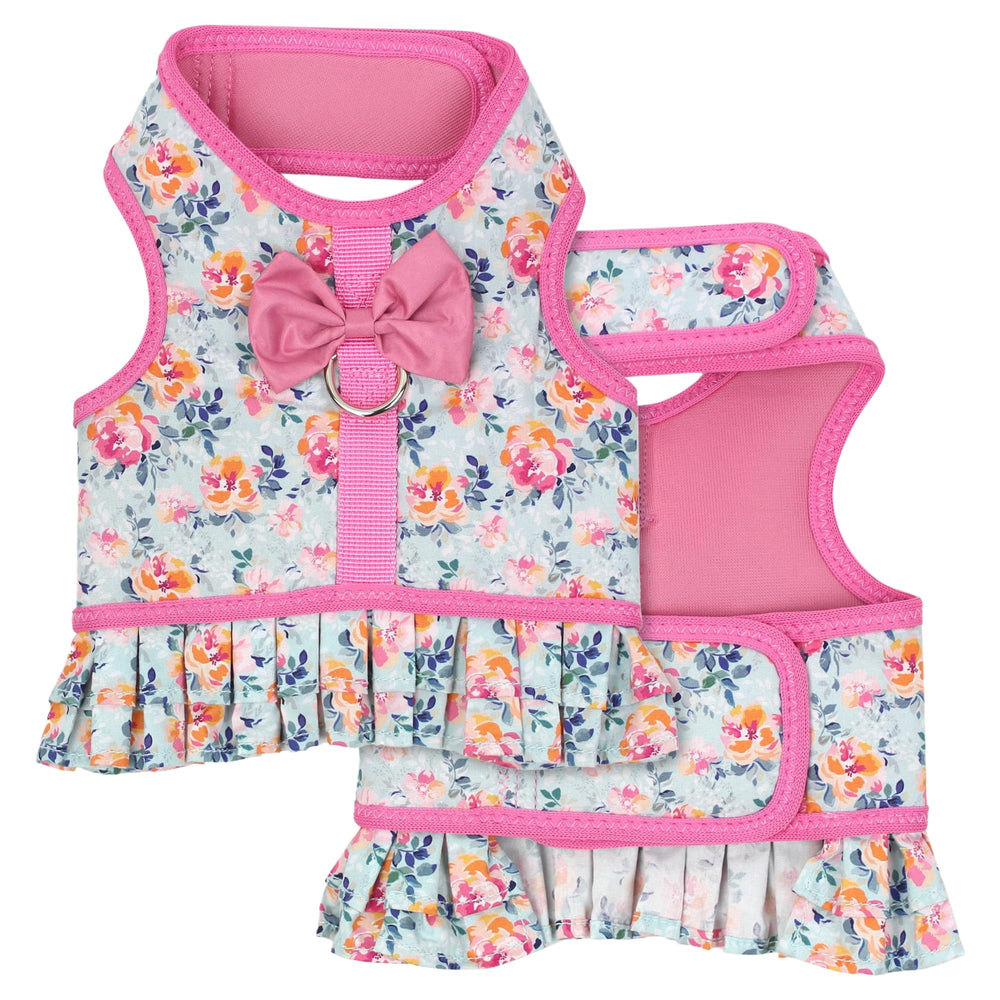 Parisian Pet Spring Blossoms Harness Dress front view showcases secure fit for daily walks.
