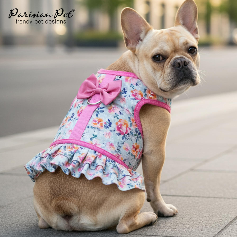 Parisian Pet Spring Blossoms Harness Dress leash attachment offers secure control during outings.
