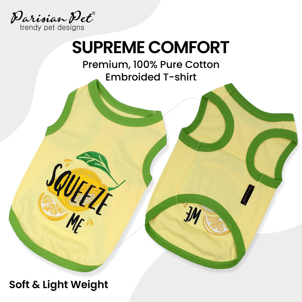 Parisian Pet Squeeze Me embroidery close-up promotes playful charm for daily walks.