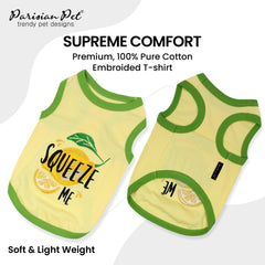 Parisian Pet Squeeze Me embroidery close-up promotes playful charm for daily walks.