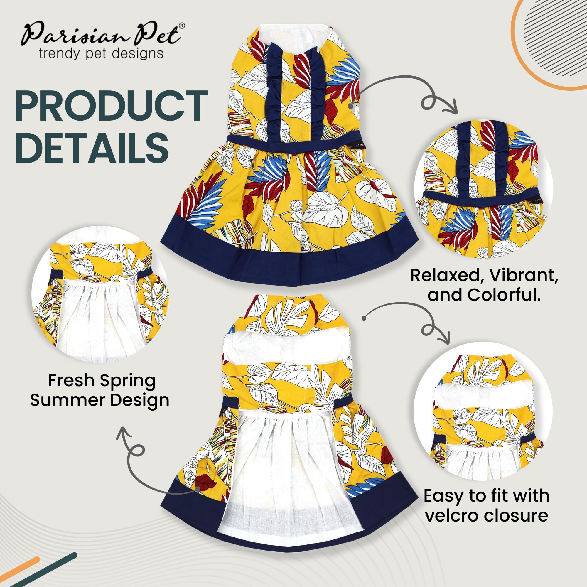 Parisian Pet Tribal Leaves Dress blue lining detail enhances stylish contrast for photos.