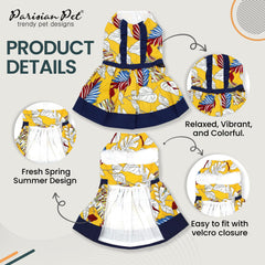 Parisian Pet Tribal Leaves Dress blue lining detail enhances stylish contrast for photos.