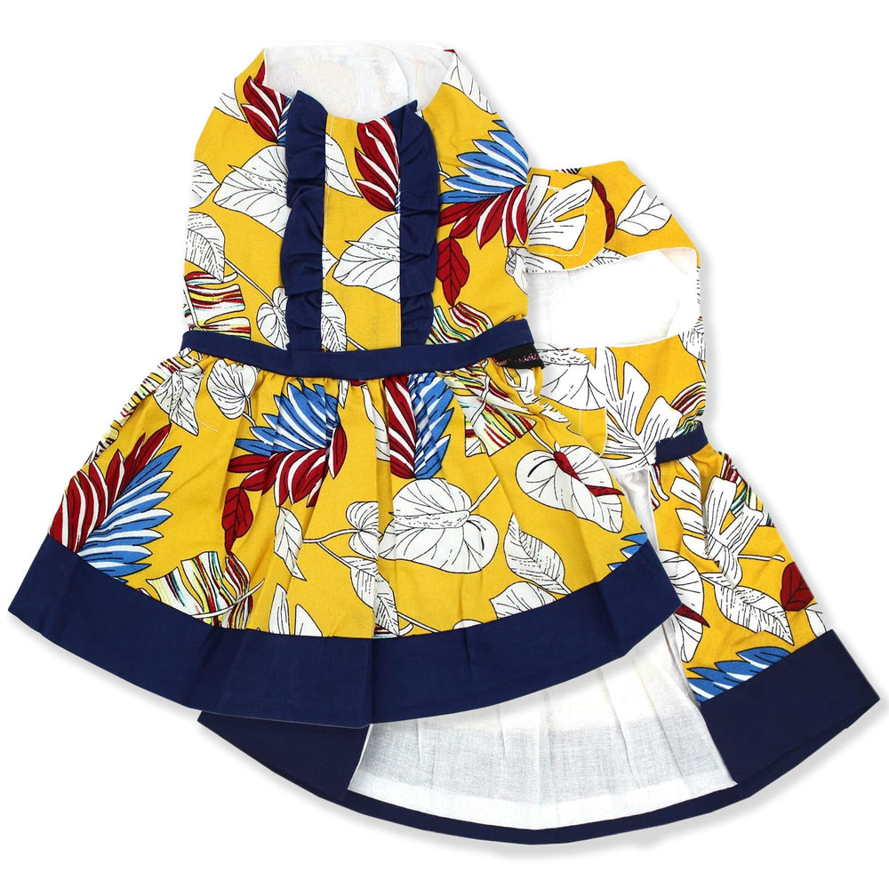 Parisian Pet Tribal Leaves Dress front view highlights tropical print for sunny beach outings.