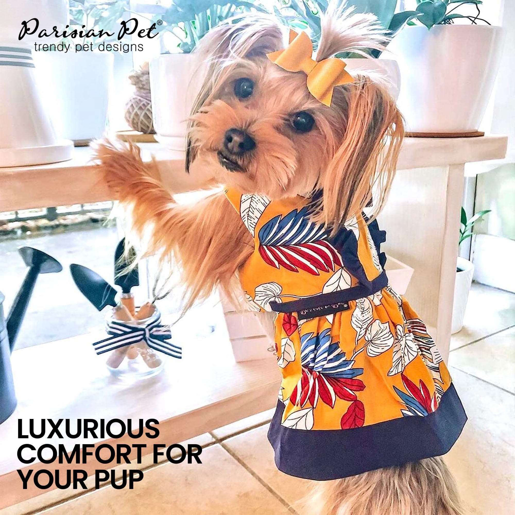 Parisian Pet Tribal Leaves Dress XS size fits small breeds comfortably.