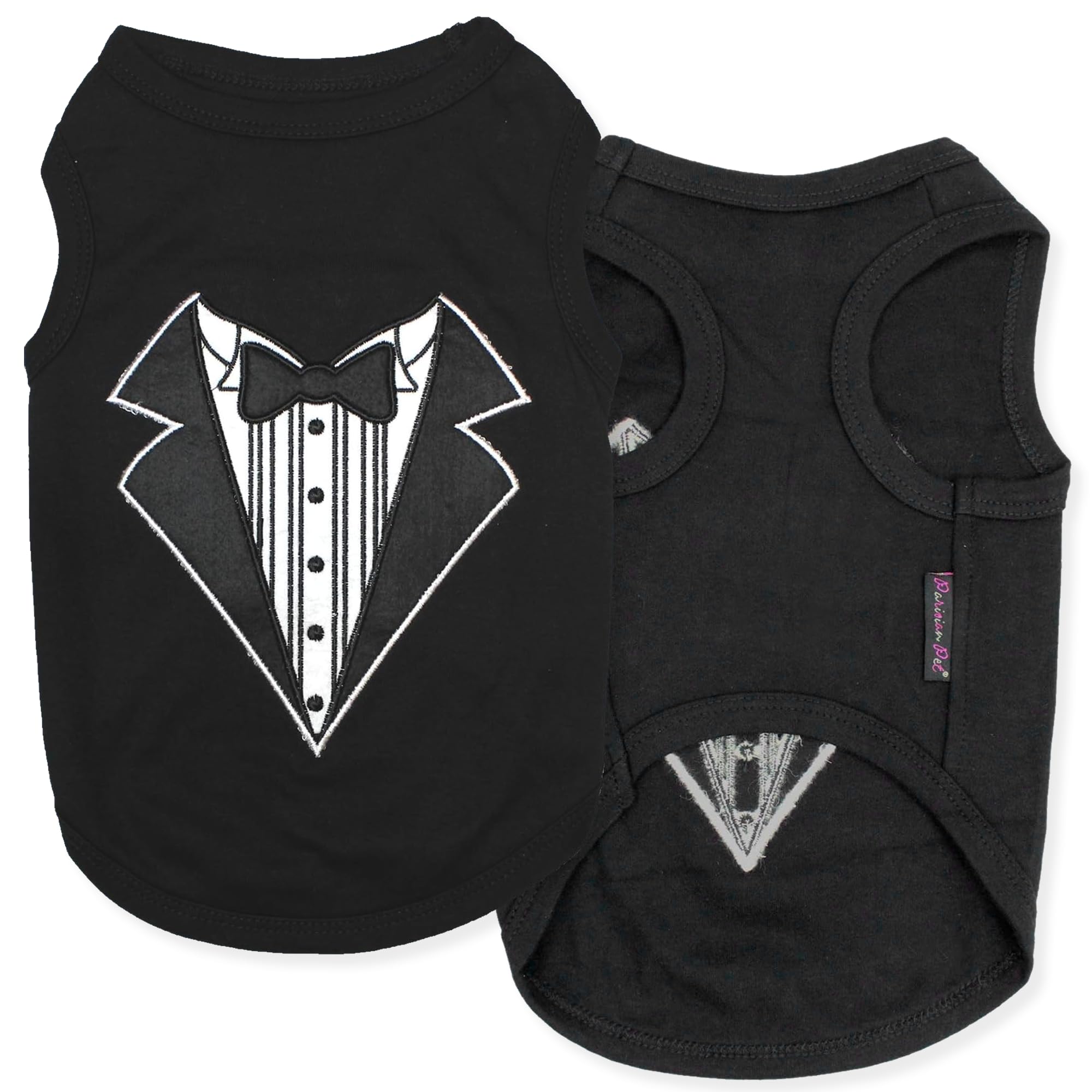 Parisian Pet tuxedo-tshirt embroidery closeup highlights durable stitching for everyday wear.