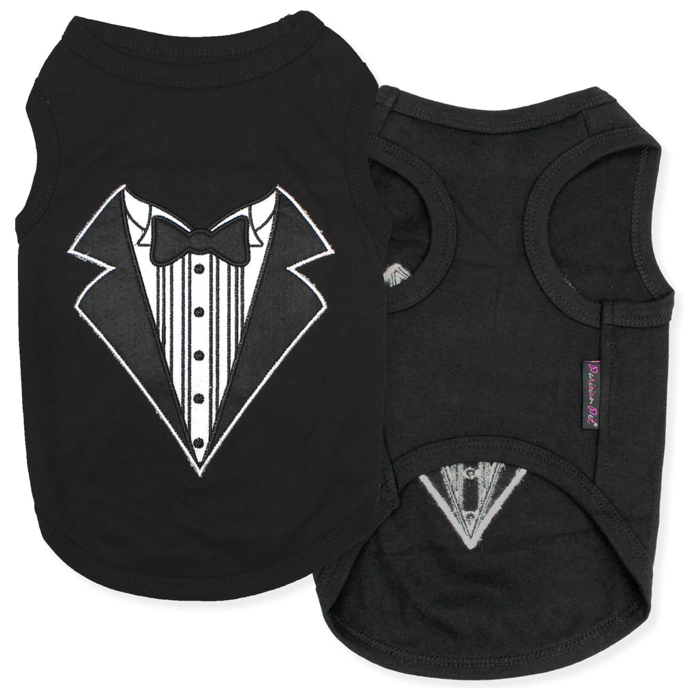 Parisian Pet tuxedo-tshirt embroidery closeup highlights durable stitching for everyday wear.