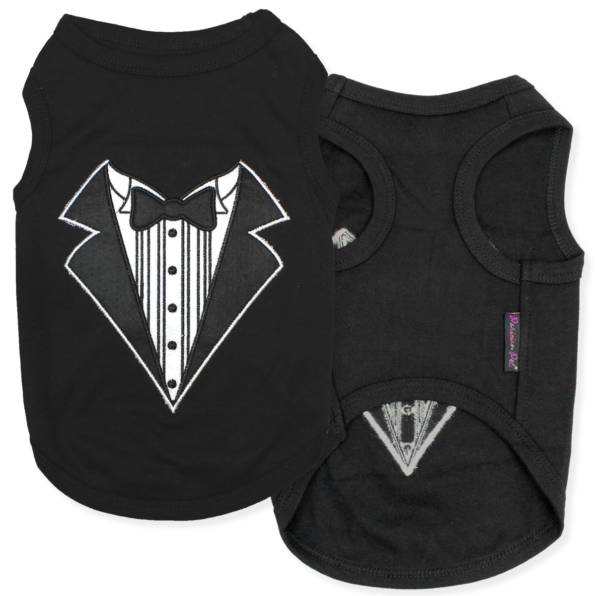 Parisian Pet tuxedo-tshirt embroidery closeup highlights durable stitching for everyday wear.