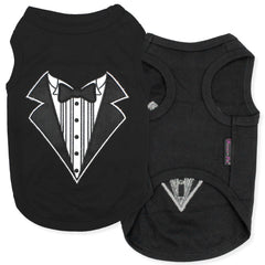Parisian Pet tuxedo-tshirt embroidery closeup highlights durable stitching for everyday wear.