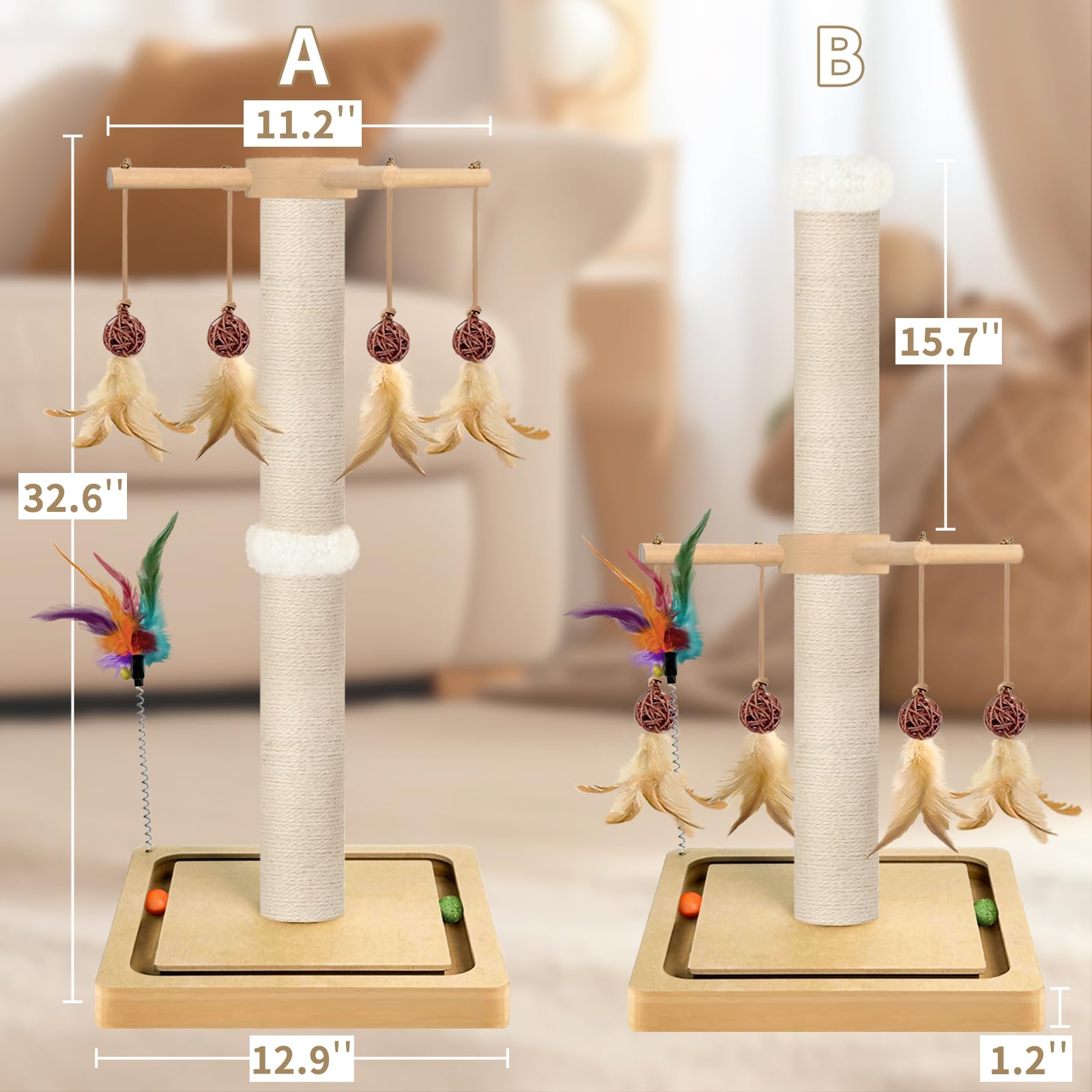 PAROTO tall cat scratching post feather toy demonstrates added sensory engagement during downtime.