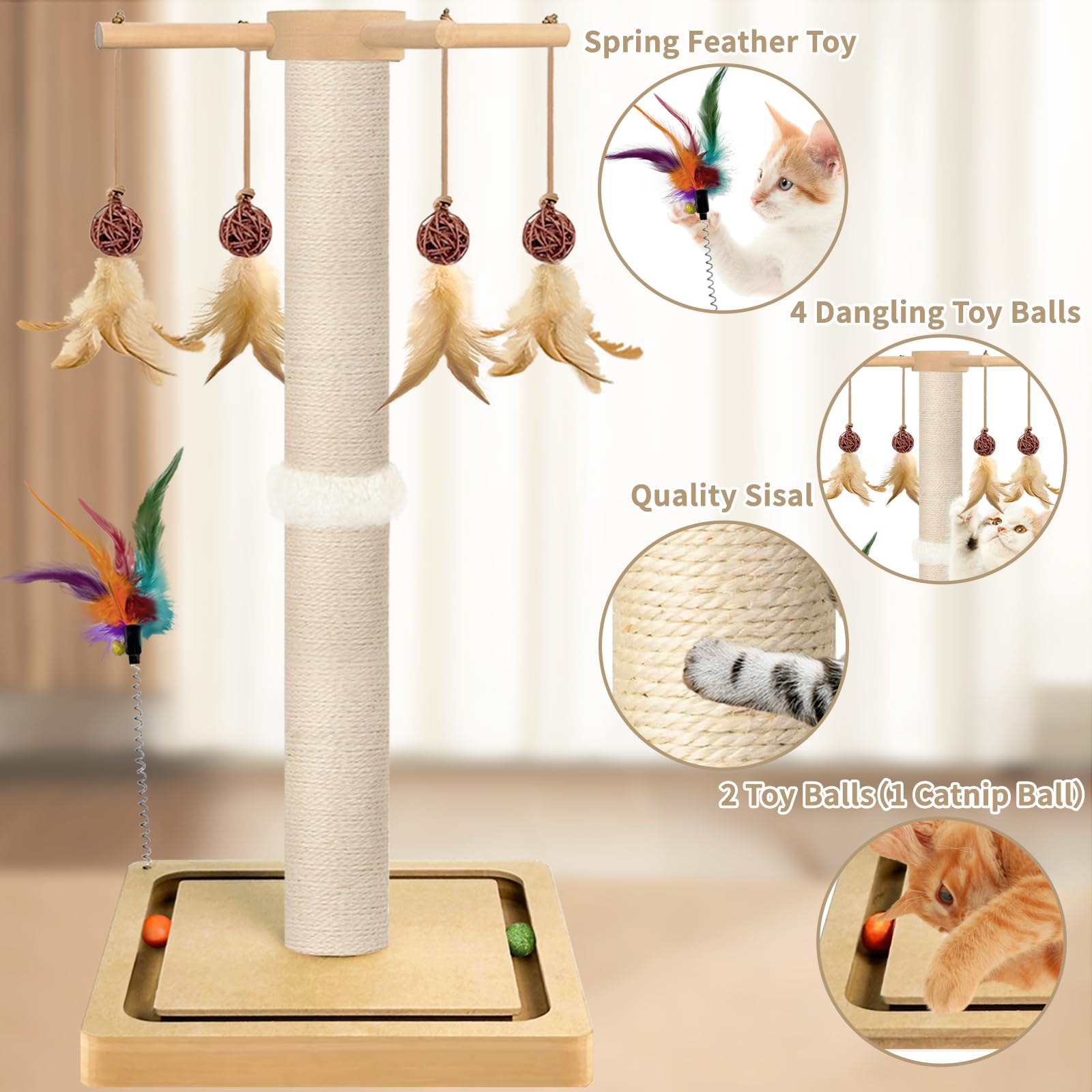 PAROTO tall cat scratching post with hanging balls highlights interactive play for curious cats.