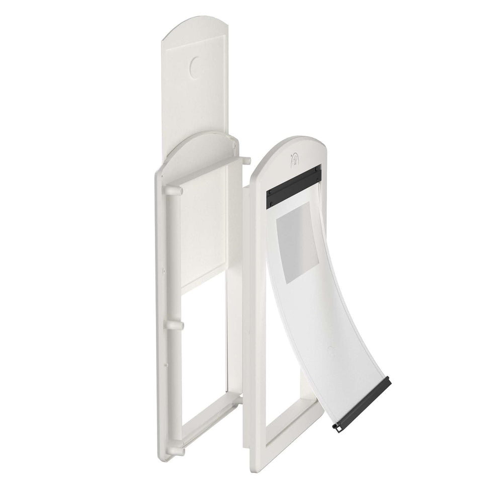 PATAPLUS dog door magnetic flap closeup highlights secure, quiet operation for year-round use.