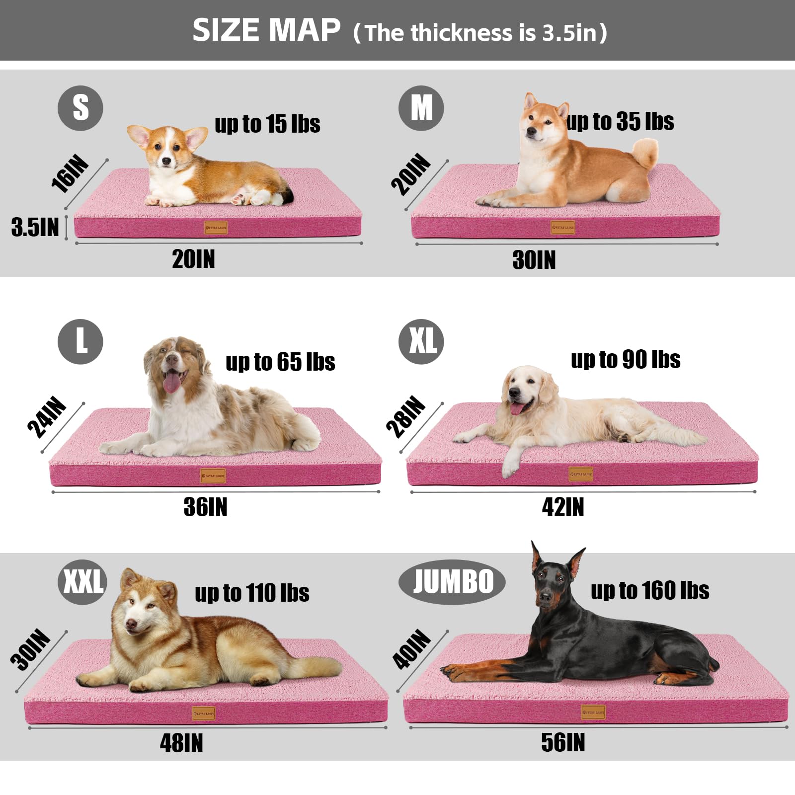 Patas Lague bed size chart helps choosing the right fit for dogs.