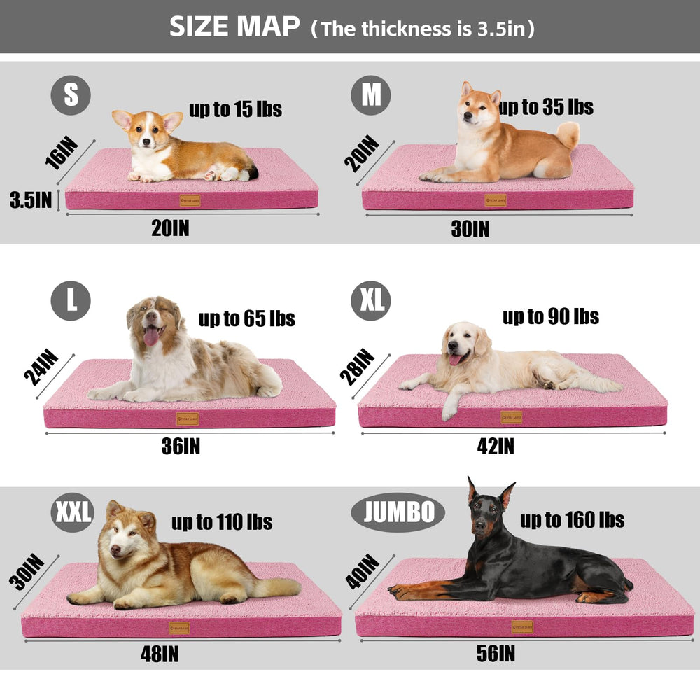 Patas Lague bed size chart helps choosing the right fit for dogs.