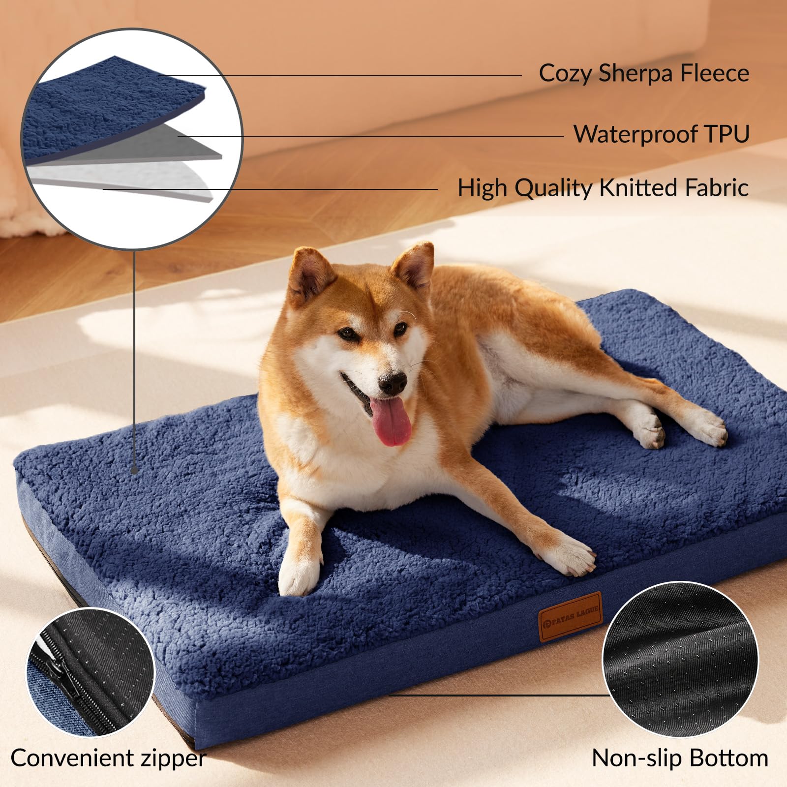 Patas Lague non-slip bottom image highlights secure placement on slick floors.