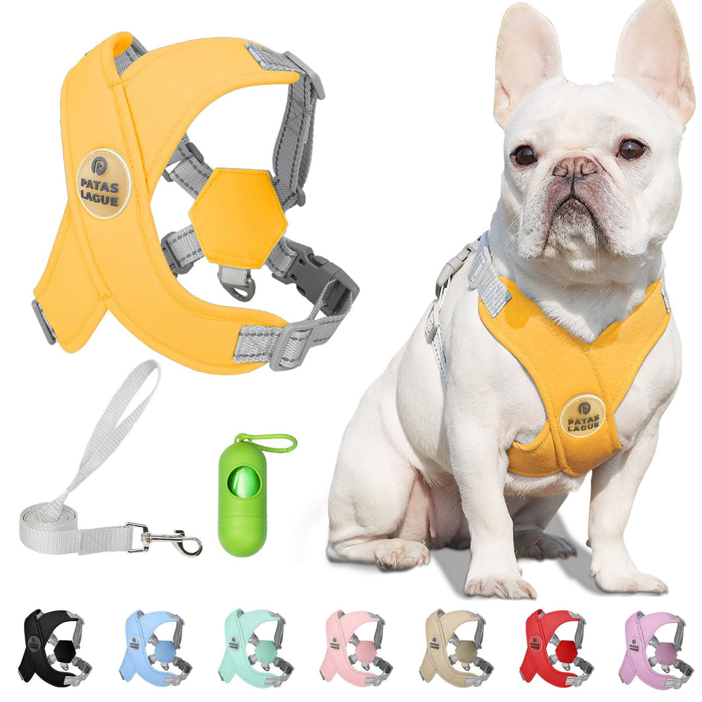 Patas Lague dog harness yellow front view emphasizes bright visibility and comfortable fit