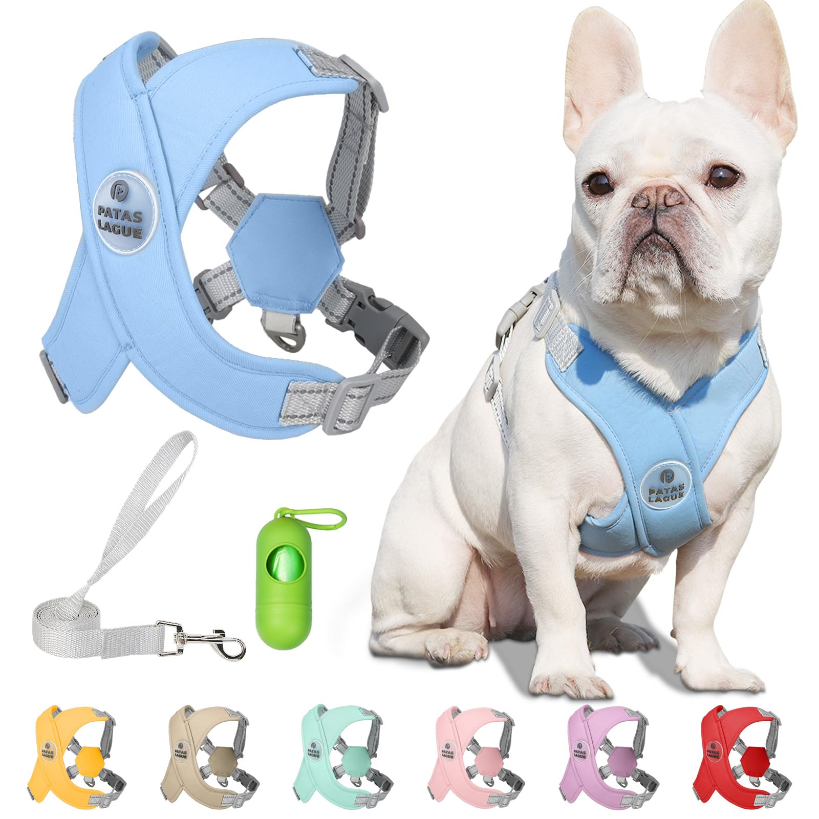 Patas Lague harness blue side view demonstrates secure, comfortable daily walking.