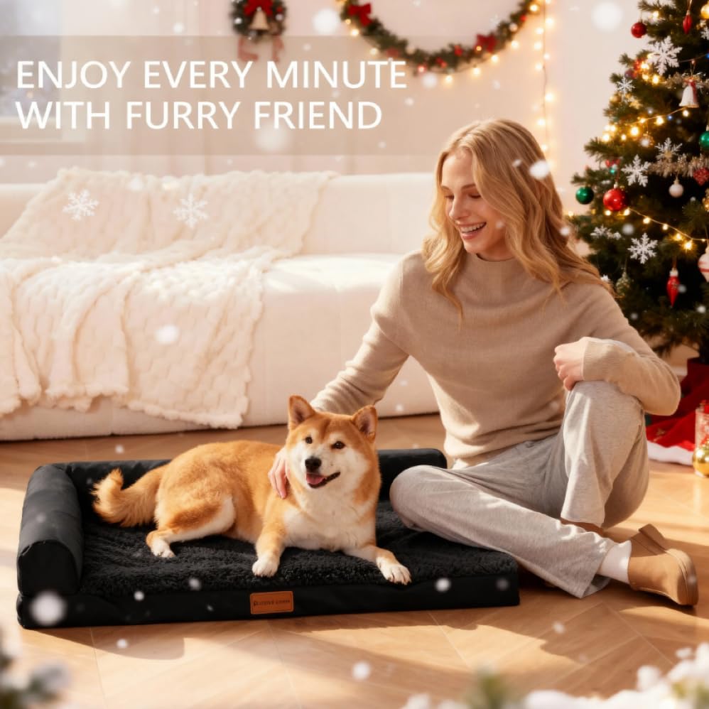 Patas Lague dog bed side view showing L-shaped bolster for neck support