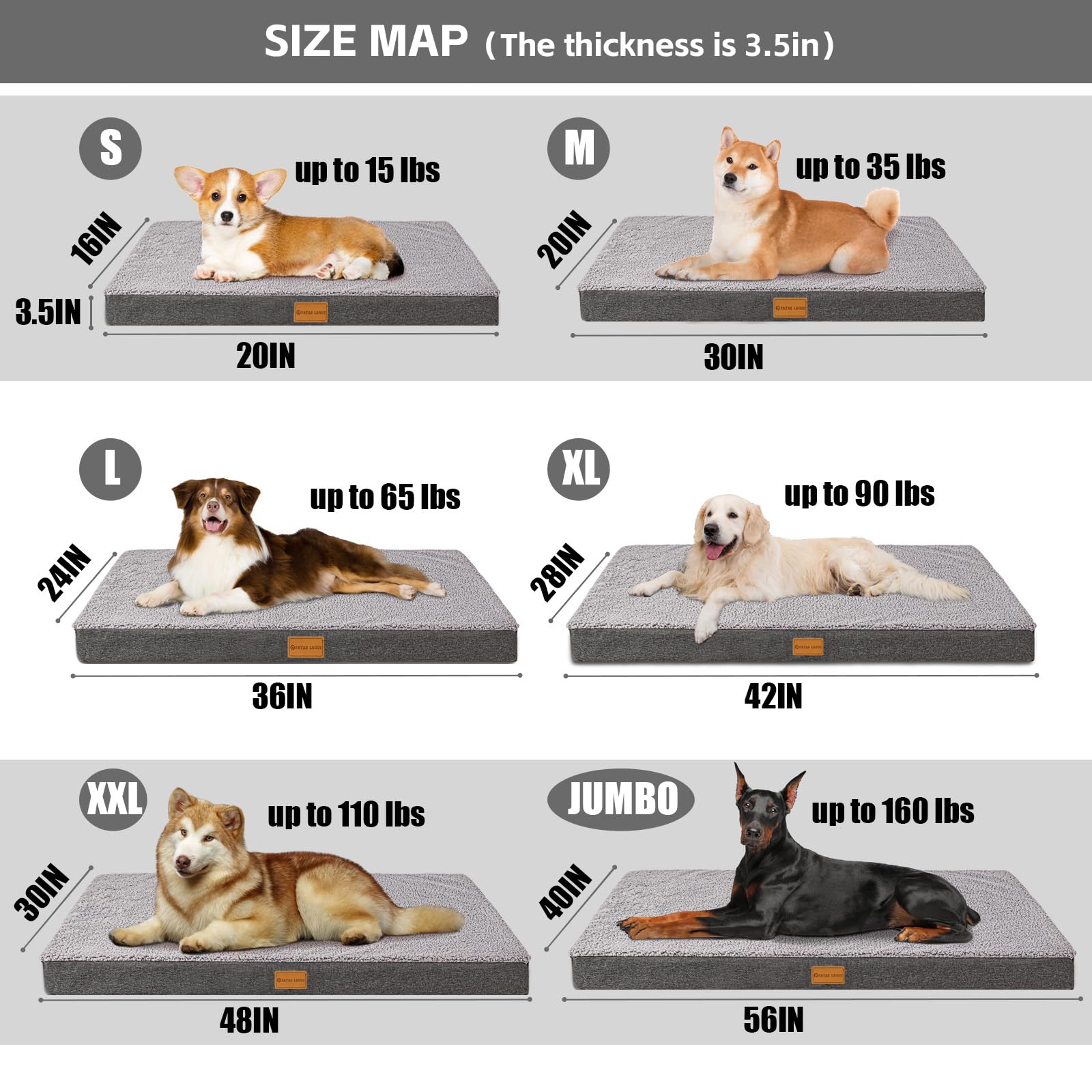 Patas Lague size range display shows six sizes for different breeds