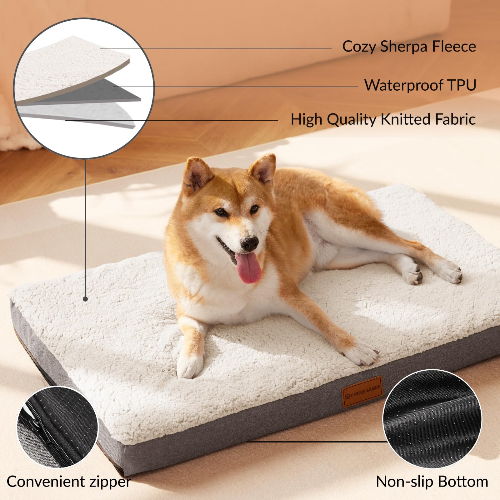 Patas Lague orthopedic XL dog bed ivory egg crate foam close-up emphasizes support
