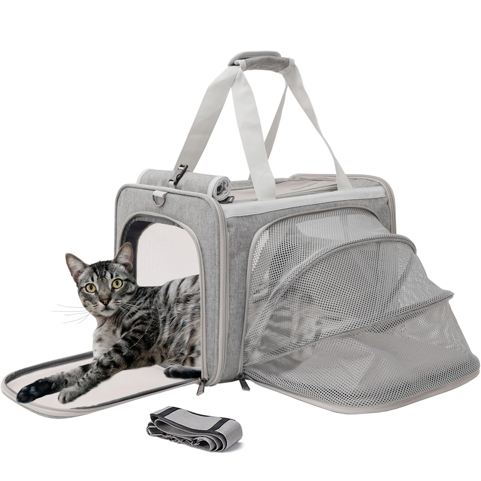 PATAZONE soft-gray cat carrier, front view, optimized for travel comfort.